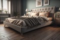 Modern bedroom interior design with gray walls, wooden floor, comfortable king size bed with two pillows. ai generative Royalty Free Stock Photo