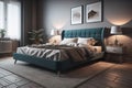 Modern bedroom interior design with gray walls, wooden floor, comfortable king size bed with two pillows. ai generative Royalty Free Stock Photo