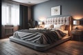 Modern bedroom interior design with gray walls, wooden floor, comfortable king size bed with two pillows. ai generative