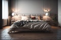 Modern bedroom interior design with gray walls, wooden floor, comfortable king size bed with two pillows. ai generative Royalty Free Stock Photo