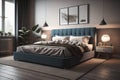 Modern bedroom interior design with gray walls, wooden floor, comfortable king size bed with two pillows. ai generative Royalty Free Stock Photo