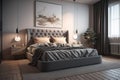 Modern bedroom interior design with gray walls, wooden floor, comfortable king size bed with two pillows. ai generative Royalty Free Stock Photo