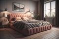 Modern bedroom interior design with gray walls, wooden floor, comfortable king size bed with two pillows. ai generative Royalty Free Stock Photo