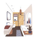 Modern bathroom interior. Bath room design with bathtub, shower, washstand, toilet. Cozy home washroom. Flat vector illustration