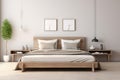 Modern bedroom interior design. Minimal light bedroom interior with wooden bed and furniture, modern posters and potted Royalty Free Stock Photo
