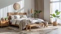 Modern bedroom interior design, room with wood furniture and plants, cozy boho rustic style. Theme of wood home decor, light brown Royalty Free Stock Photo