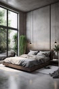 Modern bedroom interior design with wooden bed. 3d render concept. Industrial, concrete or loft Style Royalty Free Stock Photo