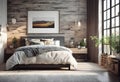 Modern bedroom interior design with wooden bed and poster. Royalty Free Stock Photo