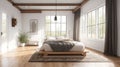 Modern bedroom interior design with wooden floor and large window. Royalty Free Stock Photo