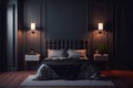 Modern bedroom interior with empty black wall 3d rendering image.There are minimalist style decorate room with black furniture, Royalty Free Stock Photo