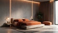 Modern bedroom interior featuring minimalist decor and warm earth tones. Includes bed with orange bedding, bedside table, and Royalty Free Stock Photo