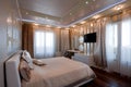 Modern bedroom interior in golden colors