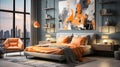 Modern bedroom interior in gray and orange colors