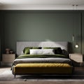 Modern bedroom interior in green tones, bedroom mock up with stylish bed and yellow pouf, 3d rendering Royalty Free Stock Photo