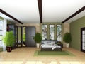 Modern Bedroom Interior. Light Parquet, Green Carpet, and Brown Wooden Bed