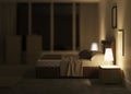 Modern bedroom interior. Night. Evening lighting. Royalty Free Stock Photo