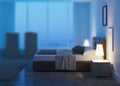 Modern bedroom interior. Night. Evening lighting. Royalty Free Stock Photo