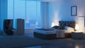 Modern bedroom interior. Night. Evening lighting. Royalty Free Stock Photo