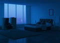 Modern bedroom interior. Night. Evening lighting. Royalty Free Stock Photo