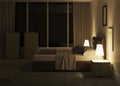 Modern bedroom interior. Night. Evening lighting.