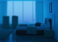 Modern bedroom interior. Night. Evening lighting. Royalty Free Stock Photo