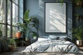 Modern Bedroom Interior with Single Vertical Frame Mockup and Reflective Glass - 3D Render Royalty Free Stock Photo