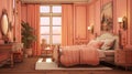 Modern bedroom interior with upholstered bed, chic decor and decorative wall art. In fashionable trendy color Peach Royalty Free Stock Photo