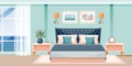 Modern bedroom interior. Vector flat cartoon illustration. Hotel room or apartment with window and sea view Royalty Free Stock Photo