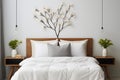 Modern bedroom interior with white bed and flower in vase. 3d render. ai generated Royalty Free Stock Photo