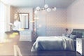 White pattern bedroom, armchair, side view toned Royalty Free Stock Photo