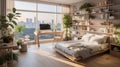 Modern bedroom interior with wide window, working desk and computer, bookshelves and plants. Sunlight. City view Royalty Free Stock Photo