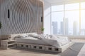 Modern bedroom interior with window and city view, decorative wall, plants and other objects. 3D Rendering Royalty Free Stock Photo
