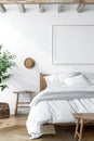 Modern Bedroom Interior With Wooden Bed and Blank Canvas on Wall Royalty Free Stock Photo