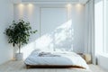 Modern Bedroom Interior With Wooden Bed and Blank Canvas on Wall Royalty Free Stock Photo