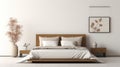 Modern bedroom interior with wooden bed and white walls, AI Royalty Free Stock Photo