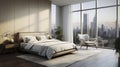 A modern bedroom with a king-size bed, beige walls, a wooden accent wall, a large window showcasing a city skyline, and a white Royalty Free Stock Photo