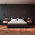 Modern bedroom with a large bed, black walls,wooden floor.The room has a cozy, minimalist aesthetic interior. 3D rendering Royalty Free Stock Photo