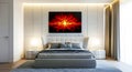 AI-generated Modern Bedroom With Large Bed, Soft Lighting, And Red Explosion Wall Art Royalty Free Stock Photo