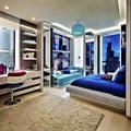 Modern bedroom with a large deep blue bed
