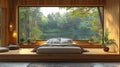 Modern bedroom with large window overlooking serene lake and forest Royalty Free Stock Photo