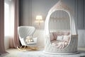 Modern bedroom of little baby girl. White cradle with canopy, armchair and soft grey carpet on the floor Royalty Free Stock Photo