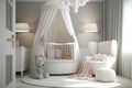 Modern bedroom of little baby girl. White cradle with canopy, armchair and soft grey carpet on the floor Royalty Free Stock Photo