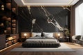 modern bedroom, luxury, small gold accents, calacatta, dark colors Royalty Free Stock Photo