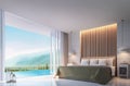 Modern Bedroom with mountain view 3d rendering Image Royalty Free Stock Photo