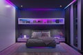 Modern bedroom with a multicolored led strip lights by nigh. 3D illustration