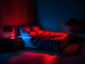 modern bedroom with a neon light