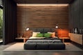 Modern bedroom nterior in brown and gray colors. Generative AI Royalty Free Stock Photo