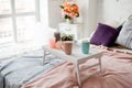 Modern bedroom in pastel colors Royalty Free Stock Photo