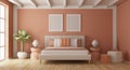 Modern bedroom in Peach fuzz trend color year 2024