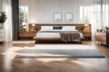 Modern bedroom with a platform bed, a sleek dresser, and soft, neutral-colored bedding, 3d render